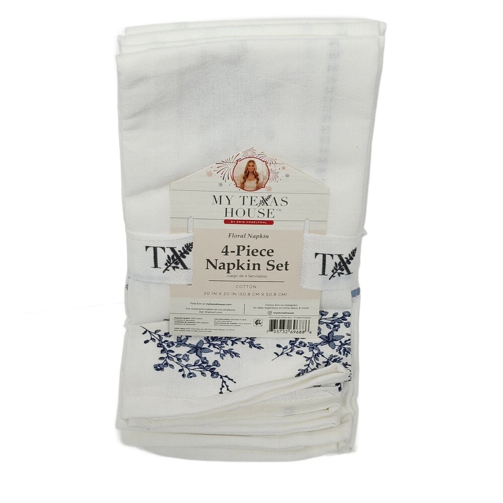 My Texas House Floral Napkin Set 4-Piece White Blue Cotton 20x20 Dinner Napkins
